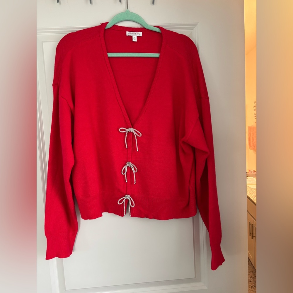 Crown & Ivey Red Sweater with sparkle Bow Details. Size XL. Soft material.